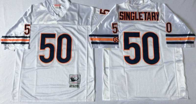 Bears 50 Mike Singletary White M&N Road Throwback Jersey